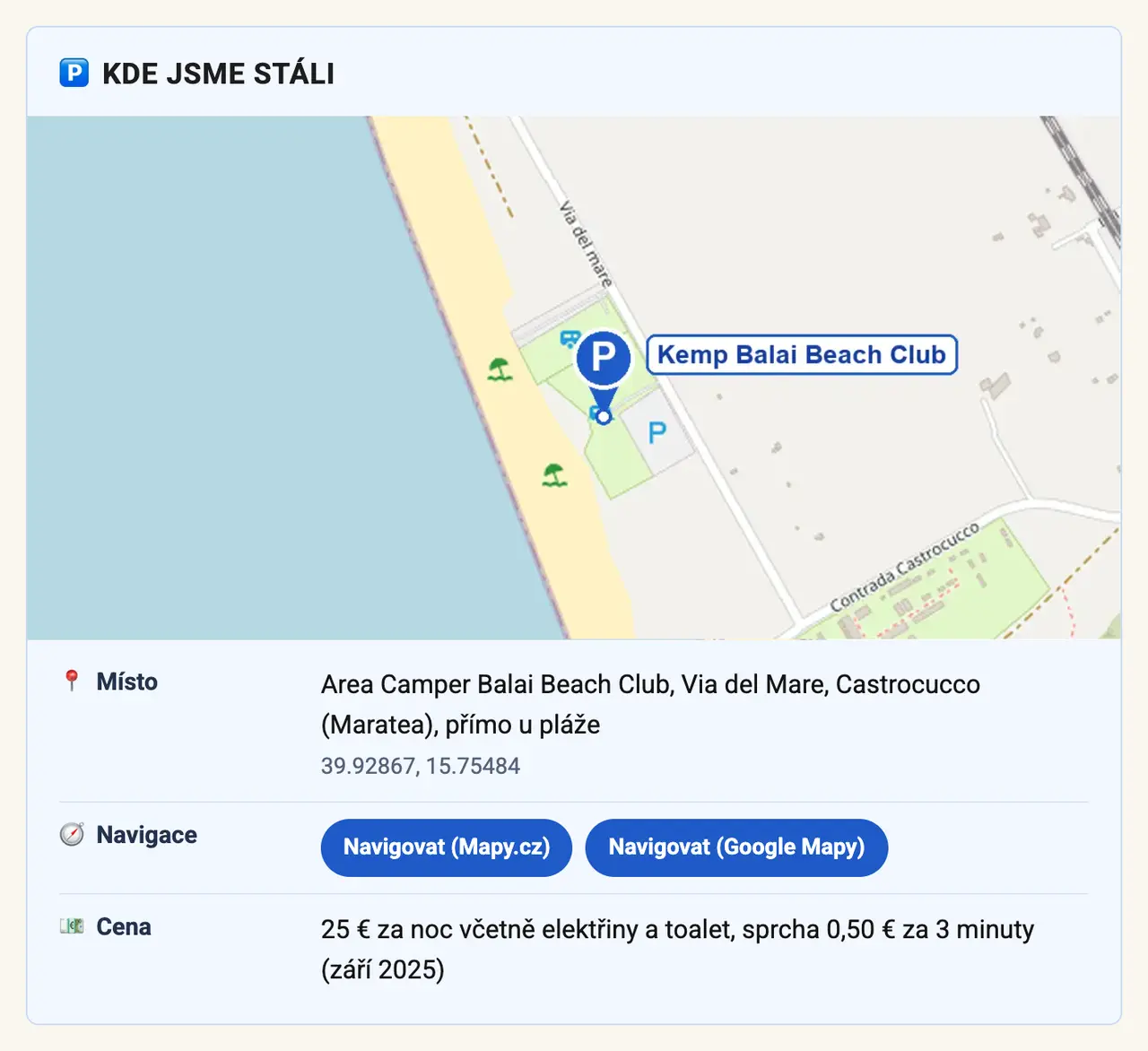 Box Kde jsme stáli v článku o Maratee: mapka kempu u pláže, místo, navigace a cena