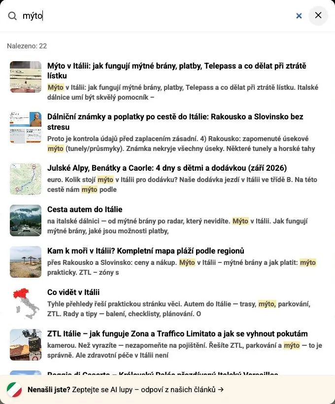Okno hledání na blogu Itálie nás baví s výsledky pro dotaz mýto a tlačítkem AI lupy dole
