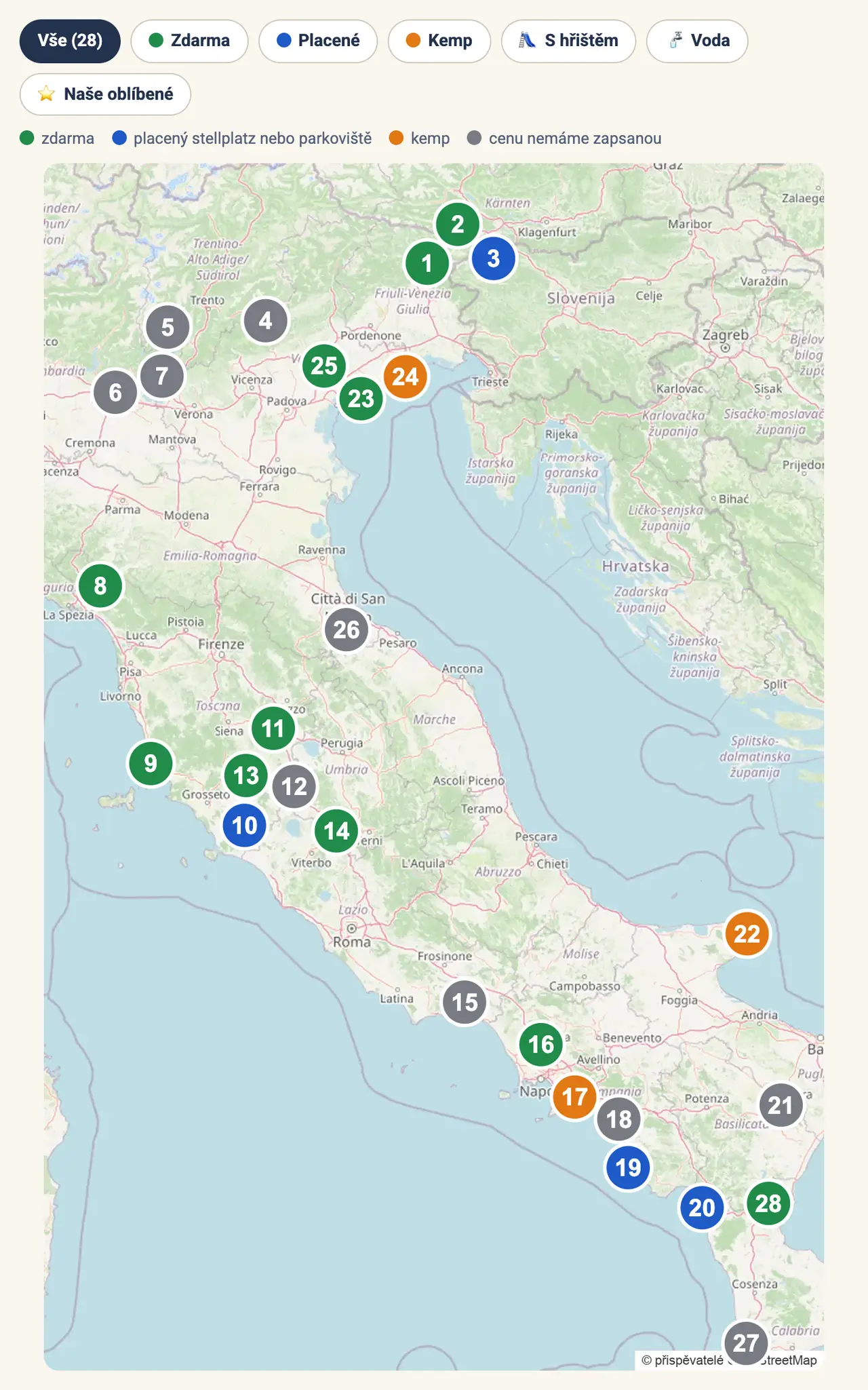 Mapa 28 míst, kde jsme v Itálii a San Marinu spali, s filtry zdarma, placené, kemp, s hřištěm, voda a naše oblíbené