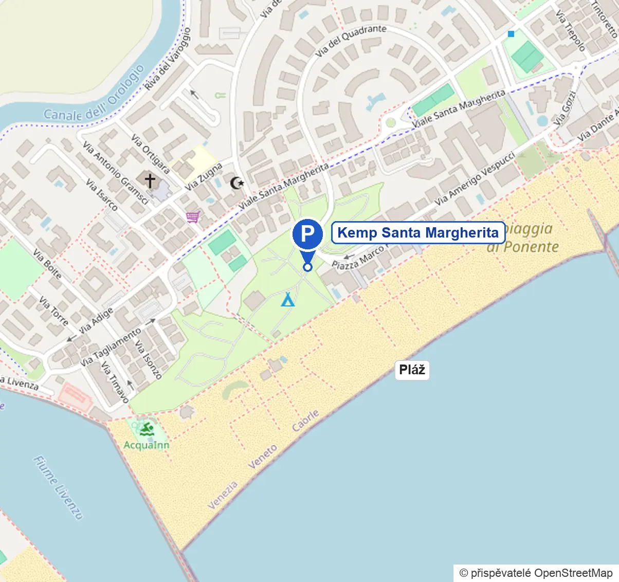 Mapka s polohou kempu Santa Margherita na západním okraji Caorle u pláže