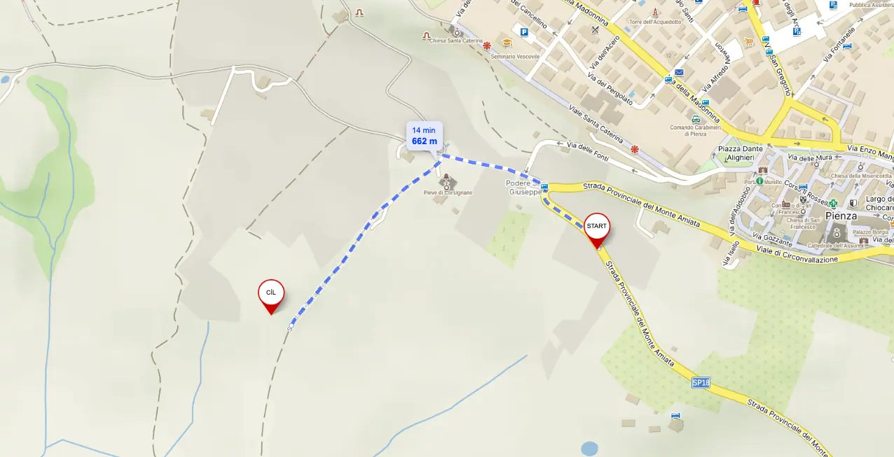 Mapa s vyznačenou pěší cestou z Pienzy k místu natáčení Gladiátora