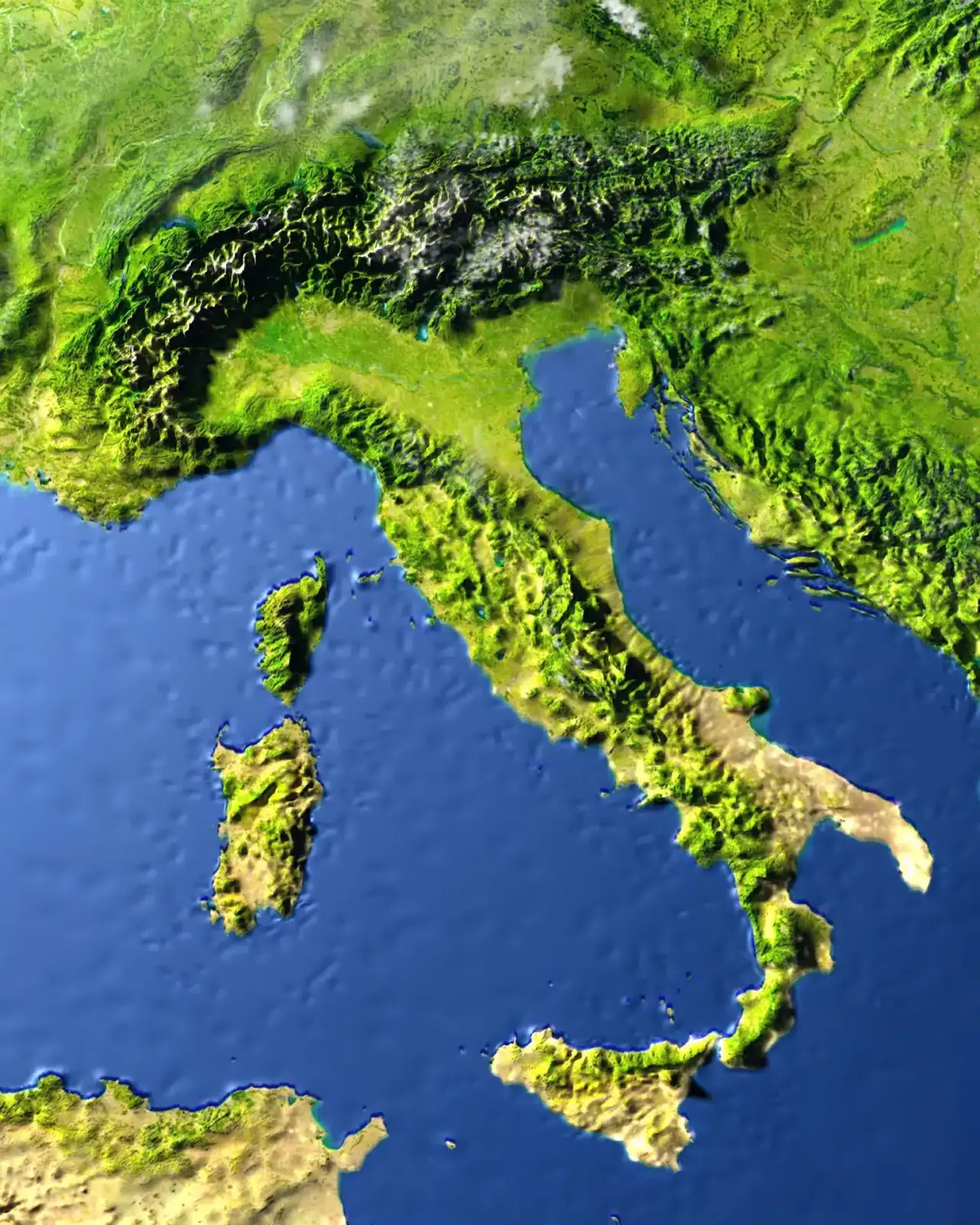 3D mapa Itálie zobrazující Alpy, a Apeninské pohoří ( Páteř Itálie)