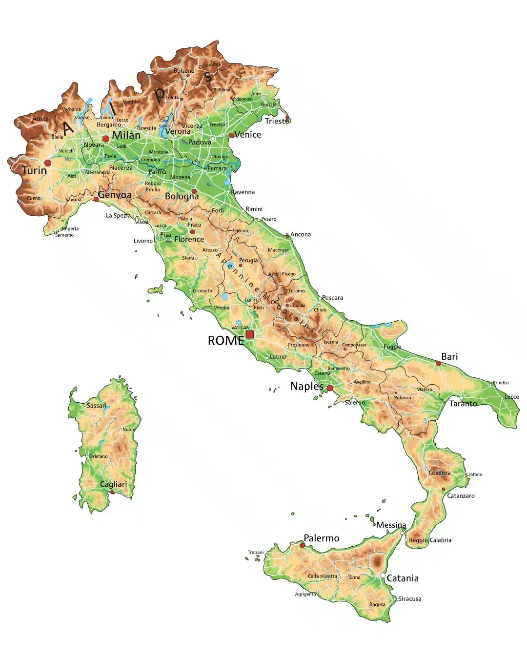Geografická mapa Itálie zobrazující hlavní města, pohoří, řeky a pobřeží v detailním rozlišení.