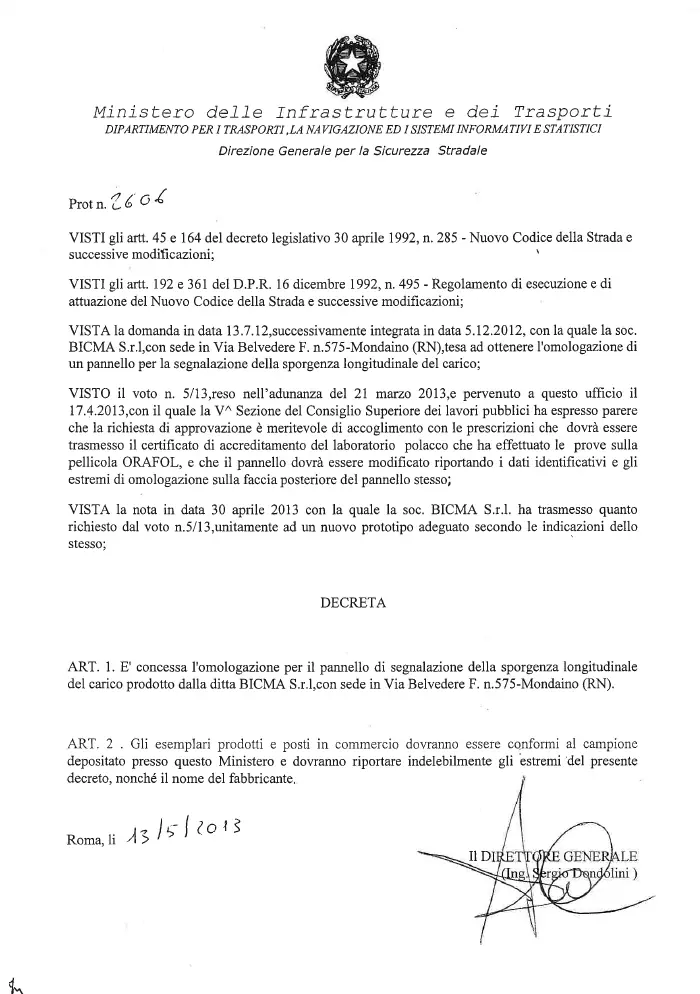 Homologační dekret italského Ministerstva dopravy pro značku BICMA — oficiální povolení pro označení přečnívajícího nákladu