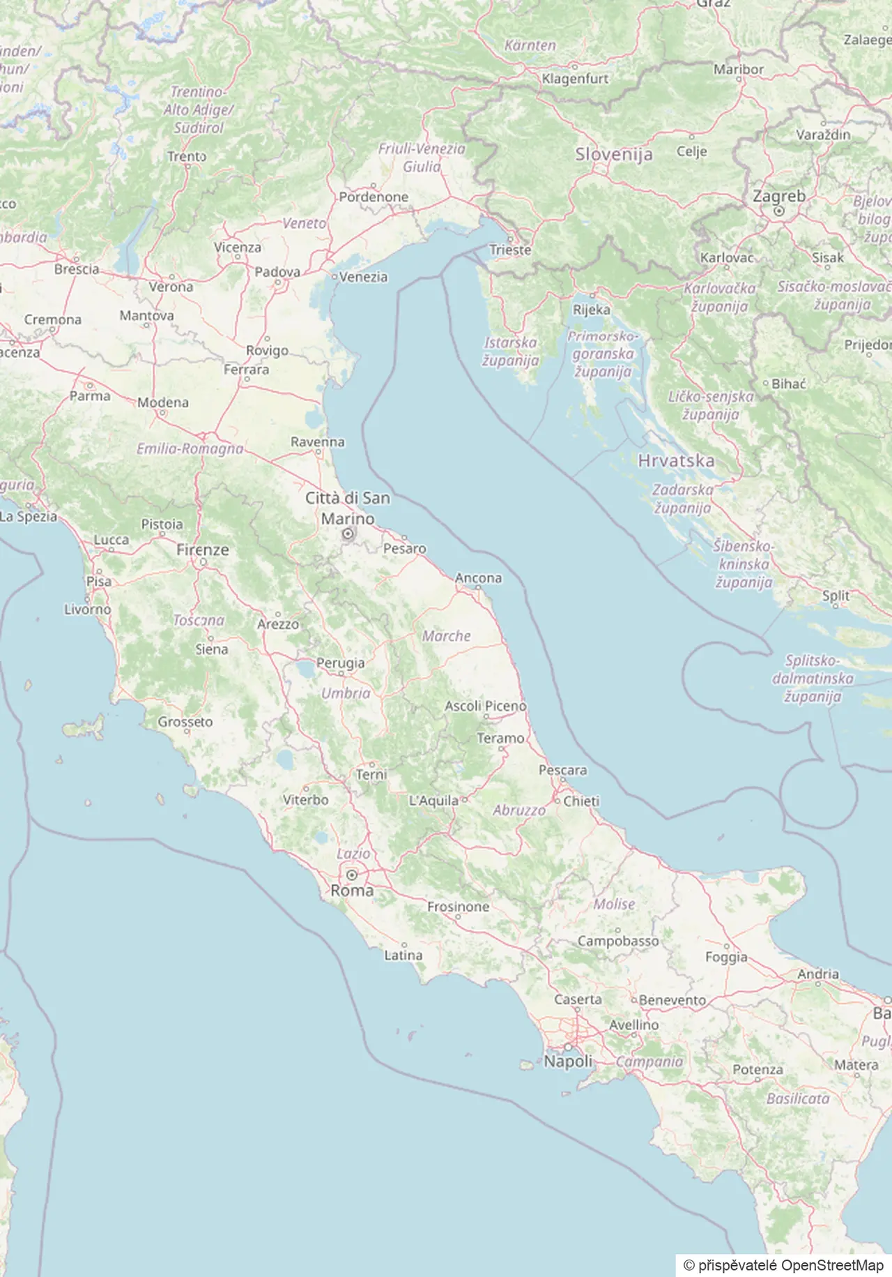 Mapa Itálie s 26 očíslovanými místy, kde jsme spali v dodávce