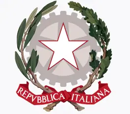 Státní znak Itálie: bílá hvězda na ozubeném kole, olivová a dubová ratolest a stuha Repubblica Italiana