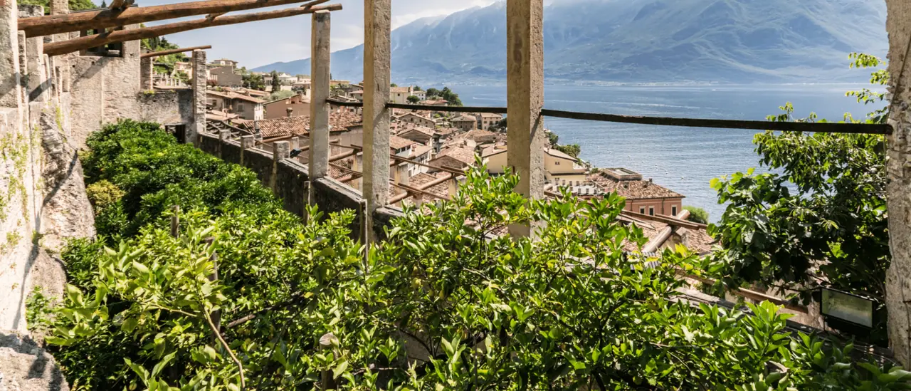 Historická citronová zahrada Limonaia del Castel v Limone sul Garda s terasami plnými citronovníků.