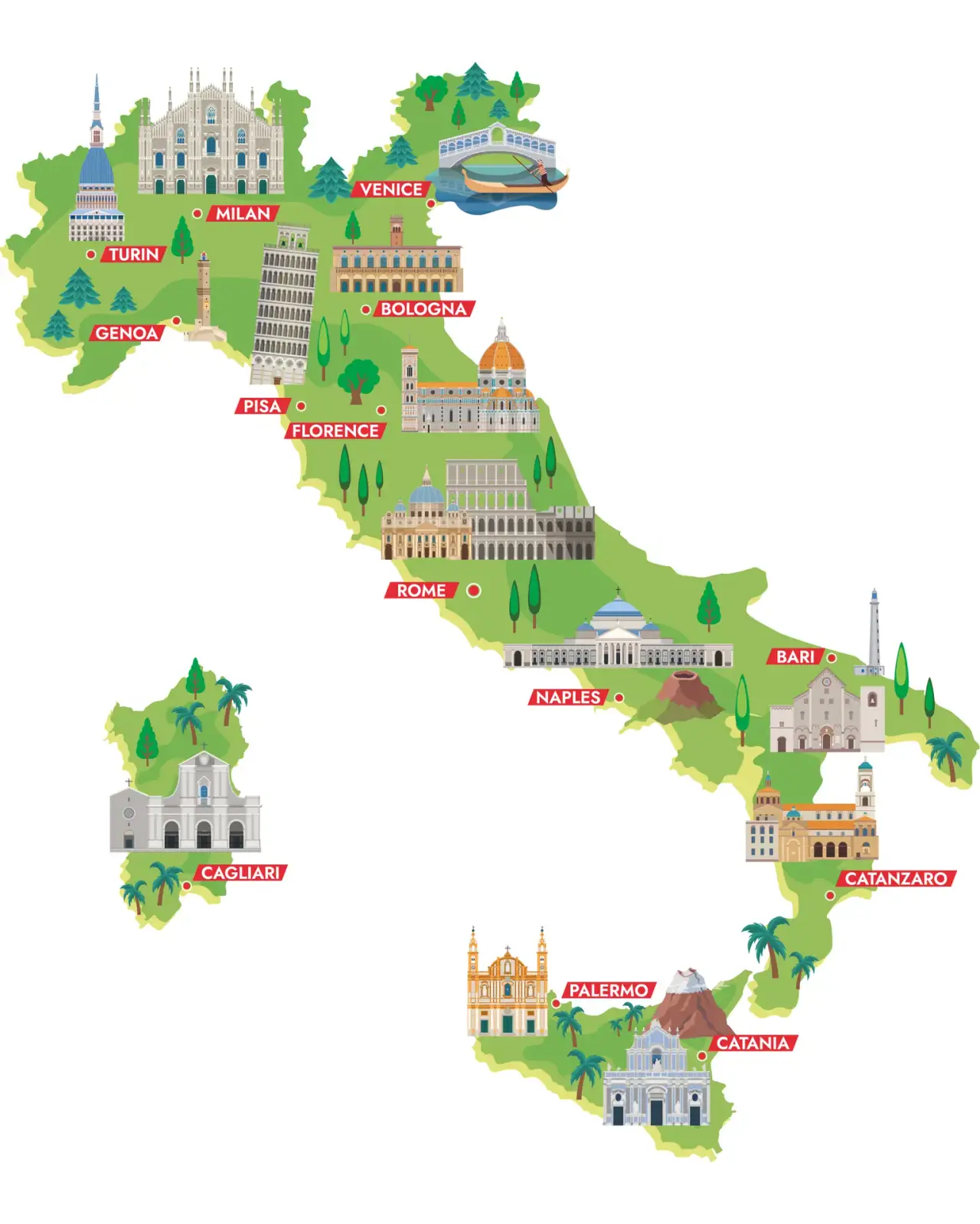 Mapa Itálie s rozmístěním významných památek.