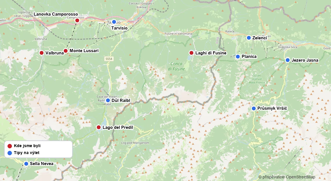 Mapa okolí Tarvisia: místa, kde jsme byli (Valbruna, lanovka na Monte Lussari, Laghi di Fusine, Lago del Predil), a tipy na výlet včetně Slovinska