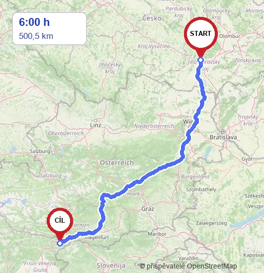 Mapa trasy prvního dne: z Brna přes Rakousko do Valbruny v Julských Alpách, asi 500 km