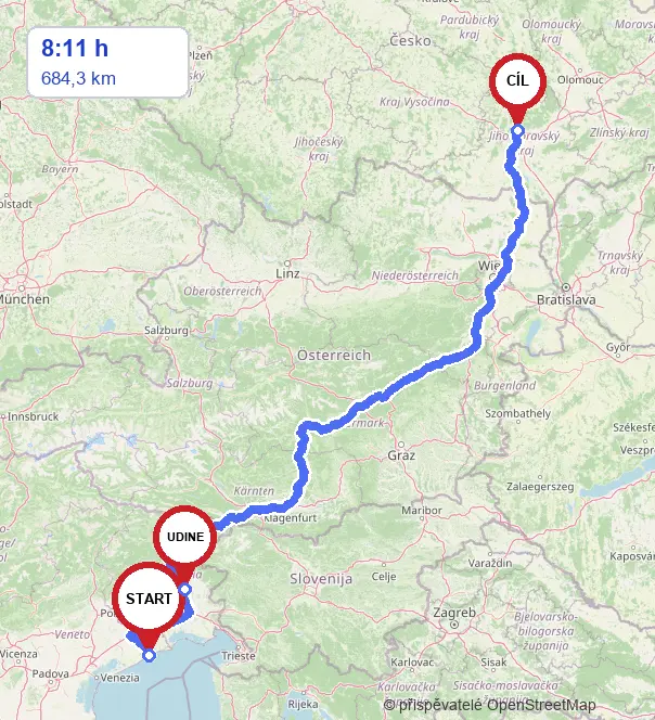 Mapa trasy posledního dne: z Caorle přes Udine a Rakousko zpět do Brna, asi 684 km