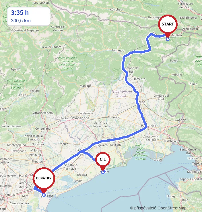Mapa trasy dne: z Valbruny po dálnici přes Udine do Benátek na Tronchetto a odpoledne do Caorle, asi 300 km