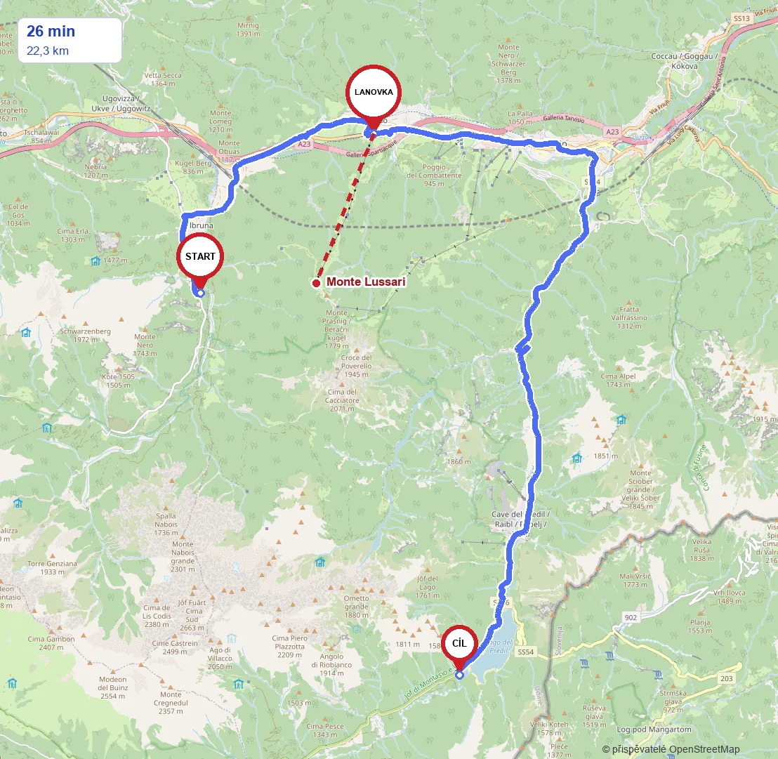 Mapa trasy dne: z parkoviště ve Via Saisera u Valbruny k lanovce v Camporossu, lanovkou na Monte Lussari a autem k Lago del Predil, 22 km a asi 26 minut jízdy