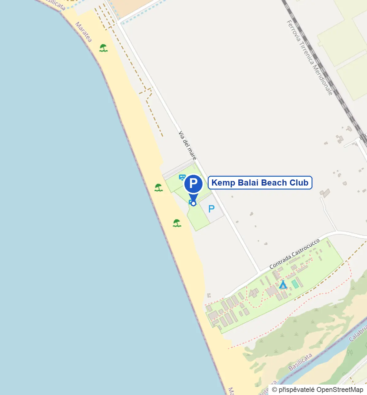 Mapka s polohou kempu Balai Beach Club u pláže v Castrocuccu na jihu obce Maratea