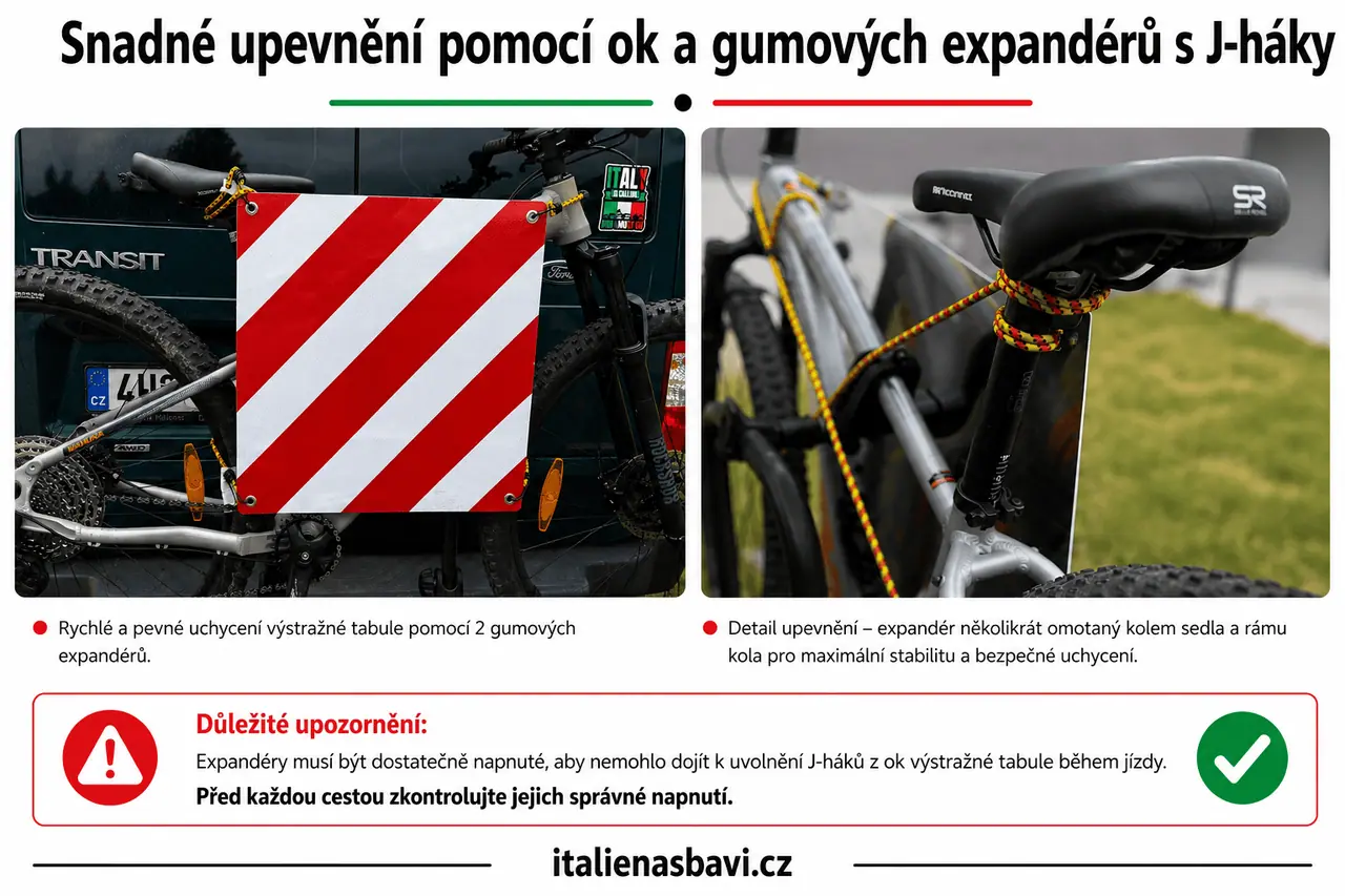 Snadné upevnění výstražné značky BICMA pomocí gumových expandérů s J-háky na nosič kol