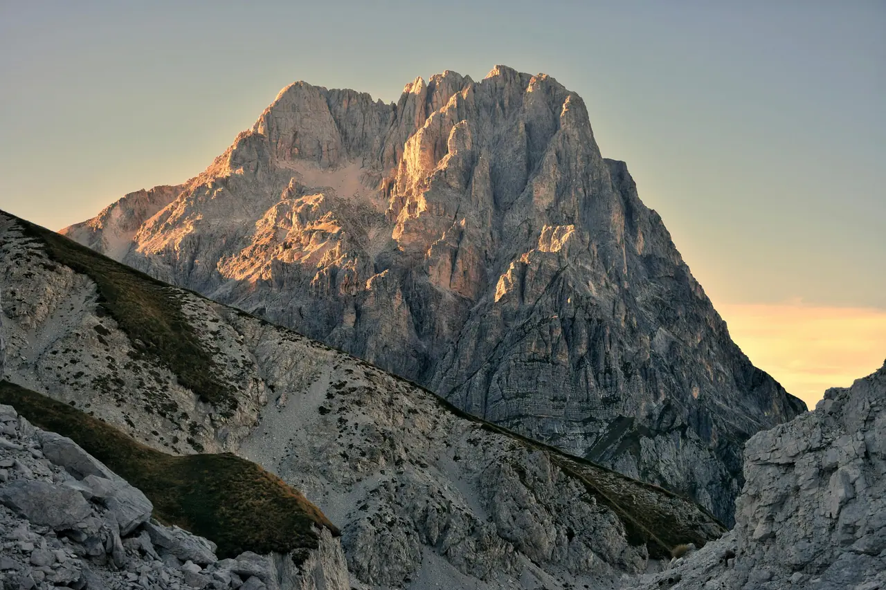 Dramatic sunrise over Corno Grande in Gran Sasso, Abruzzo, Italy.