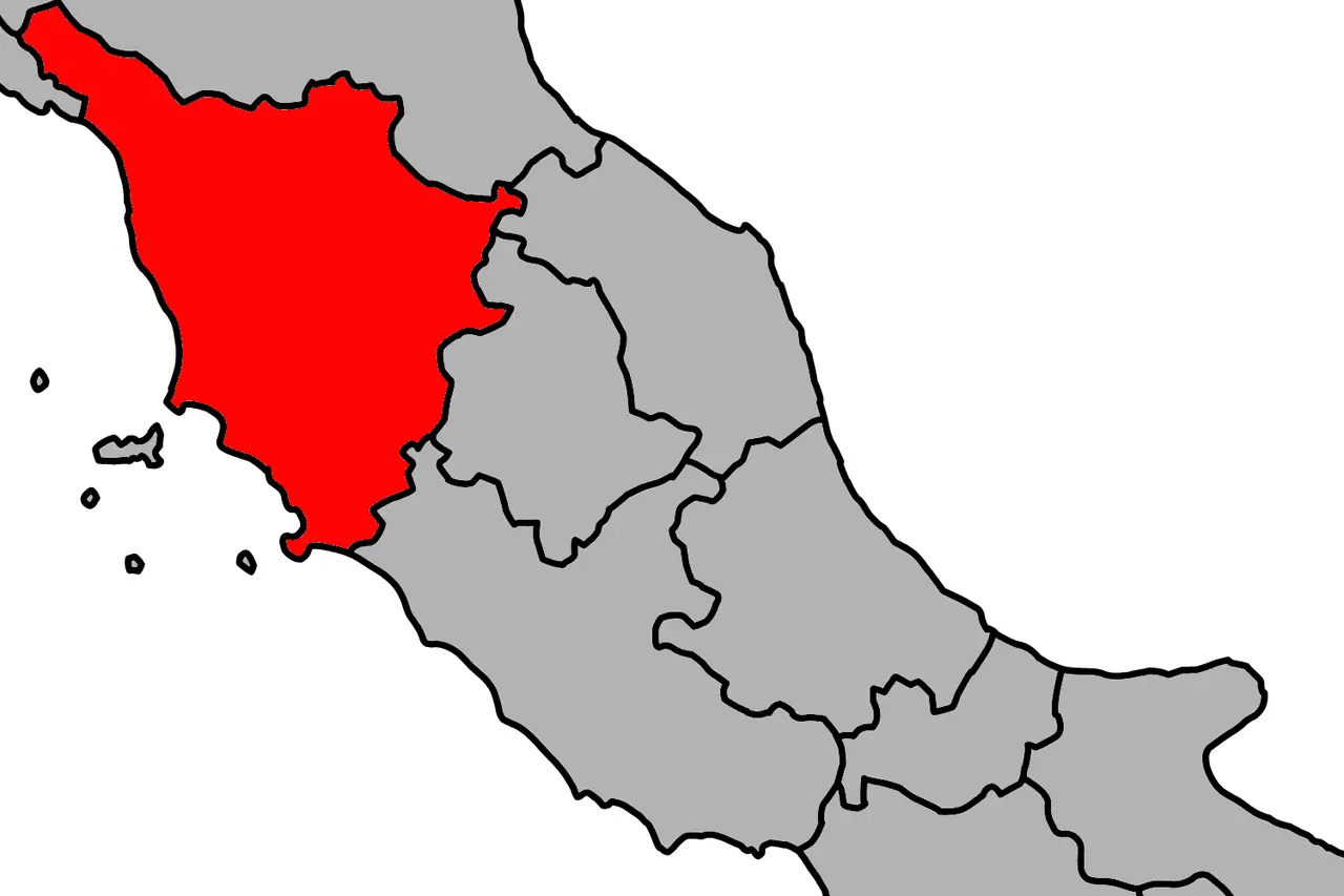Mapa střední Itálie se zvýrazněným regionem Toskánsko
