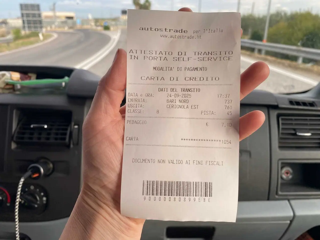 Účtenka za mýto na italské dálnici