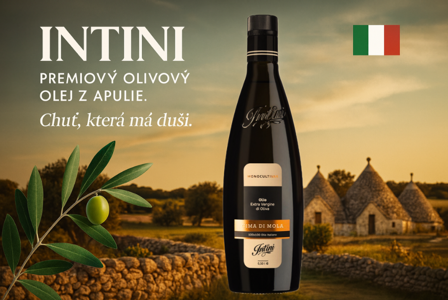 Láhev prémiového extra panenského olivového oleje INTINI Cima di Mola z Apulie