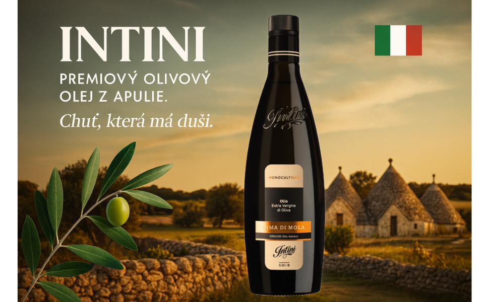Láhev prémiového extra panenského olivového oleje INTINI Cima di Mola z Apulie