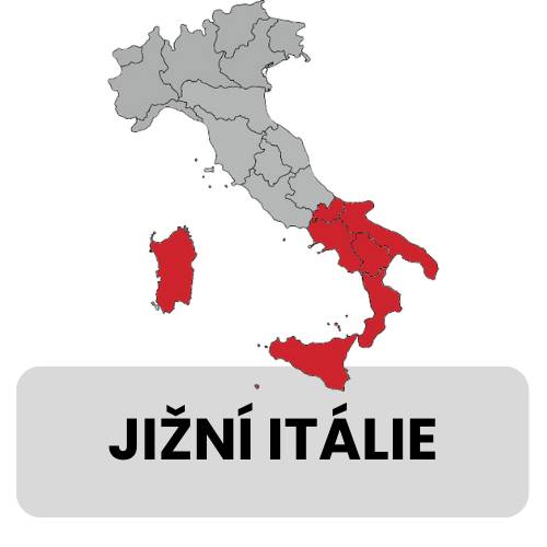 Mapa Itálie s červeně vyznačenými jižními regiony včetně Sardinie, Sicílie, Kalábrie a Apulie s českým nápisem Jižní Itálie