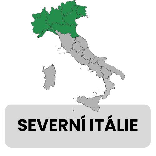 Mapa Itálie se zvýrazněnou severní částí zelenou barvou, která ukazuje regiony jako Lombardie, Benátsko a Piemont pro naše italské dobrodružství