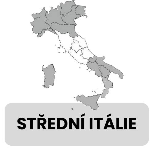 Mapa Itálie se zvýrazněnými regiony střední části země, které objevujeme na našich cestách Itálií