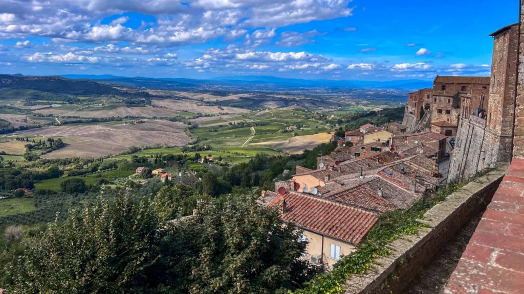 Výhled z Montepulciana na toskánskou krajinu s vinicemi a poli, na popředí historické budovy s červenými střechami