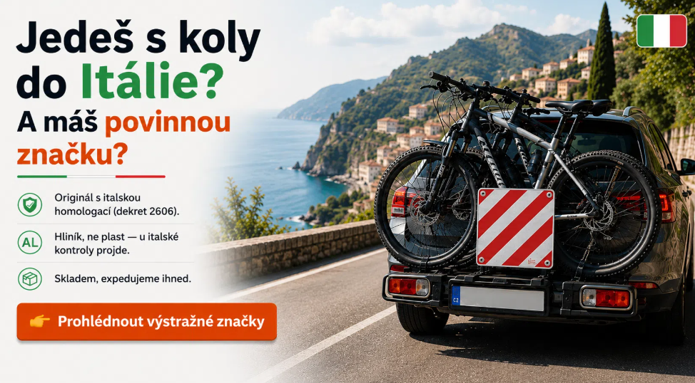Jedeš s koly do Itálie? Originál výstražná značka 50×50 s italskou homologací, hliník, skladem