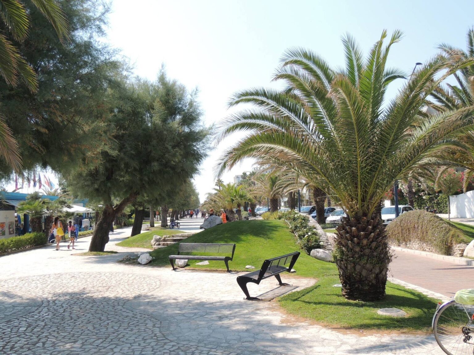 Pobřežní promenáda v San Benedetto del Tronto lemovaná vysokými palmami, dlážděnými cestičkami a kovovými lavičkami v zelené trávě